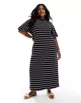 Черно-белое платье-футболка длиной до икры в полоску ASOS DESIGN Curve