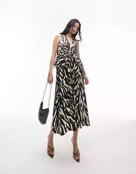Черно-белое платье миди без рукавов с принтом зебры Topshop Riviera