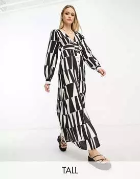 Черно-белое платье миди на пуговицах спереди Object Tall с абстрактным принтом