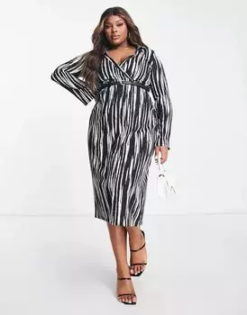 Черно-белое платье миди с запахом и поясом ASOS DESIGN Curve
