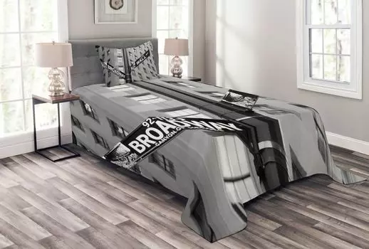 Черно-белое покрывало ABAKUHAUS, Broadway NYC Photo, комплект с моющимися наволочками, для односпальных кроватей 170 x 220 см, черный и белый