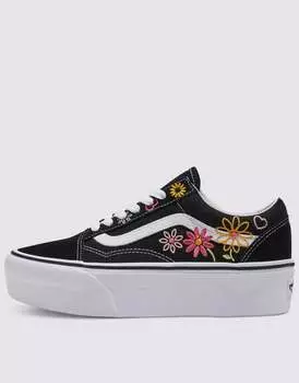 Черно-белые кроссовки Vans Old Skool stackform с цветочной вышивкой