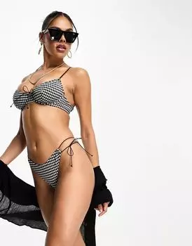 Черно-белые плавки бикини с высокой талией и шнуровкой ASOS Mix and Match из жатого хлопка