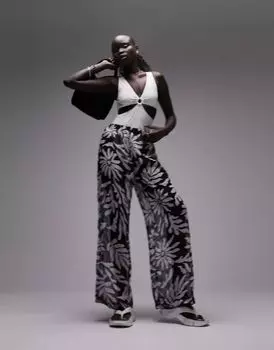 Черно-белые шифоновые брюки Topshop с абстрактным цветочным принтом