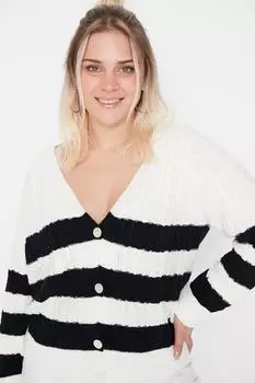 Черно-белый трикотажный кардиган в полоску Trendyol, экрю