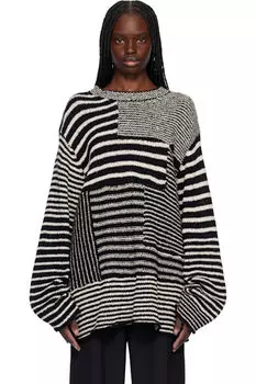 Черно-белый вязаный свитер с круглым вырезом 3G1P Border YOHJI YAMAMOTO