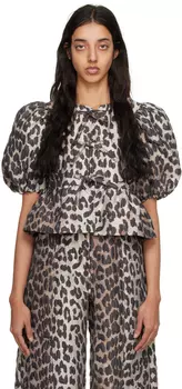 Черно-коричневая 3D блуза с леопардовым принтом GANNI