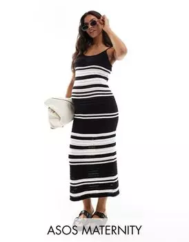 Черно-кремовое трикотажное платье макси в полоску ASOS DESIGN Maternity