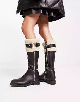 Черно-кремовые сапоги до колена с отделкой искусственным мехом Love Moschino