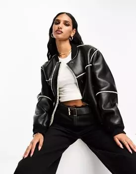 Черно-кремовый дутый бомбер с деталями из овчины ASOS