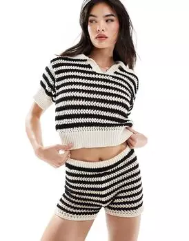 Черно-кремовый вязаный топ-поло в полоску ASOS DESIGN — часть комплекта