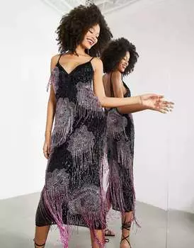 Черно-розовое платье-миди на бретельках с цветочной бахромой ASOS