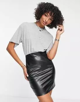 Черно-серое мини-платье-футболка с юбкой из искусственной кожи ASOS DESIGN 2 in 1