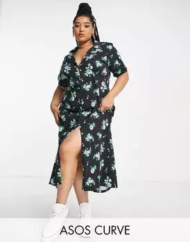 Черно-синее платье миди с цветочным принтом ASOS DESIGN Curve Ultimate