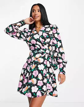 Черно-сиреневое платье мини с мягким цветочным принтом и оборками Glamorous Petite
