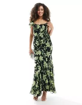 Черно-зеленое платье макси с овальным вырезом и косым вырезом ASOS DESIGN