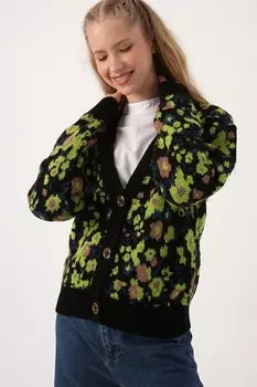 Черно-зеленый удобный короткий трикотажный кардиган с v-образным вырезом и цветочным узором ALL DAY