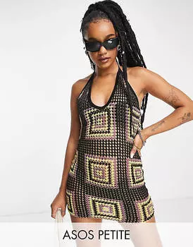 Черно-желтое платье мини с бретельками крючком ASOS DESIGN Petite