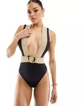 Черно-золотой купальник River Island с глубоким вырезом и пряжкой