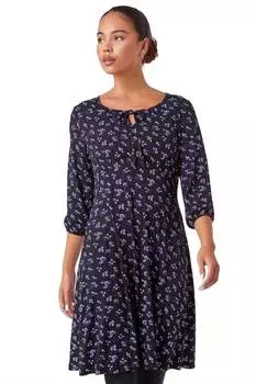 Черное эластичное чайное платье Roman Petite с цветочным принтом