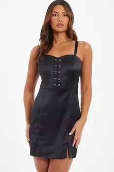 Черное атласное кружевное облегающее платье QUIZ Clothing