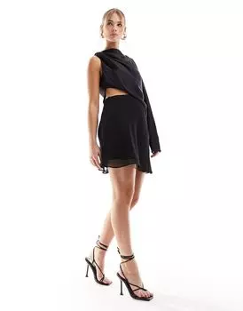 Черное атласное мини-платье на одно плечо с драпировкой и шифоновой юбкой ASOS DESIGN