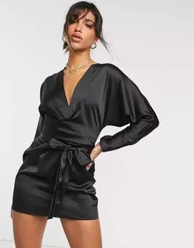 Черное атласное мини-платье с рукавами "летучая мышь" ASOS DESIGN