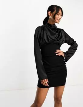Черное атласное мини-платье с высоким воротником и структурированной юбкой ASOS DESIGN