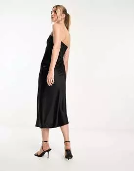 Черное атласное платье-комбинация бандо-бандо Miss Selfridge