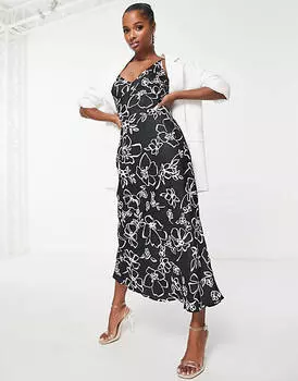 Черное атласное платье-комбинация макси с высоким верхом ASOS DESIGN Petite с белым цветочным принтом
