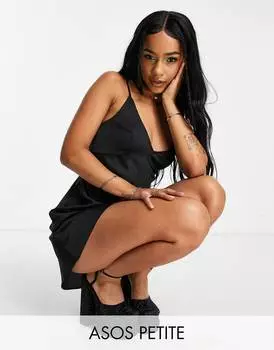 Черное атласное платье-комбинация с высокой посадкой ASOS DESIGN Petite