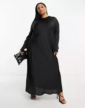 Черное атласное платье макси асимметричного кроя с пуговицами ASOS DESIGN Curve