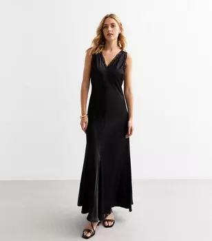 Черное атласное платье макси без рукавов с кружевной отделкой New Look, черный
