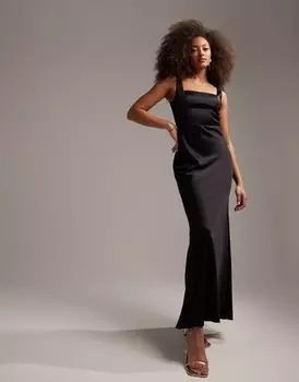 Черное атласное платье макси с квадратным вырезом ASOS DESIGN