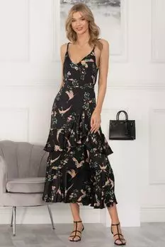 Черное атласное платье макси в стиле ретро с птичьим принтом Jolie Moi, черный