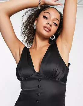 Черное атласное платье миди на пуговицах ASOS DESIGN Tall