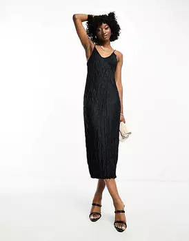 Черное атласное платье миди с эффектом мятости Weekday Lea