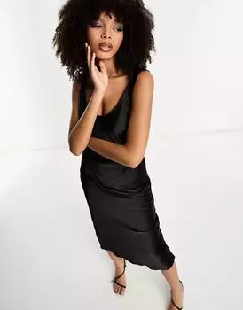 Черное атласное платье миди с бретелями и овальным вырезом ASOS