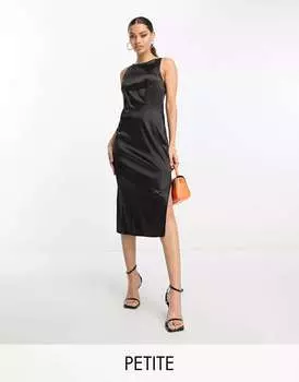 Черное атласное платье миди с разрезом Urban Threads
