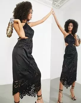 Черное атласное платье миди с вырезом на шее ASOS EDITION