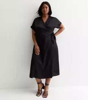 Черное атласное платье миди с запахом Curves New Look, черный