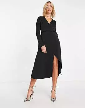 Черное атласное платье миди с завязками на талии ASOS DESIGN