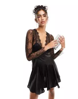 Черное атласное платье мини с вырезом на талии и кружевной отделкой ASOS DESIGN