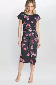 Черное атласное платье Saffron с цветочным принтом и пряжкой Gina Bacconi, черный