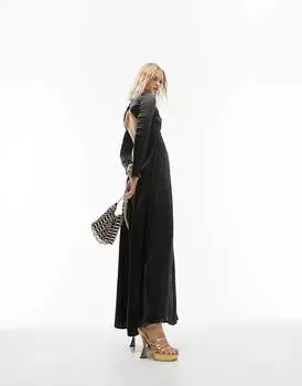 Черное атласное вечернее платье миди с длинными рукавами и закручивающейся спиной Topshop