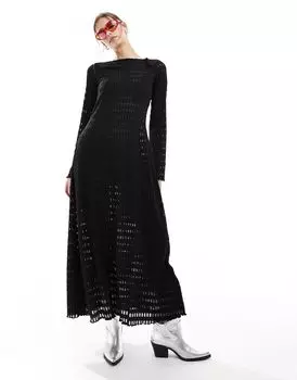 Черное ажурное платье макси с открытой спиной и длинными рукавами Monki