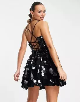 Черное бальное платье мини с корсетом и крупными дисковыми пайетками ASOS