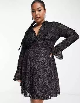 Черное бархатное мини-платье с пуговицами ASOS DESIGN Curve