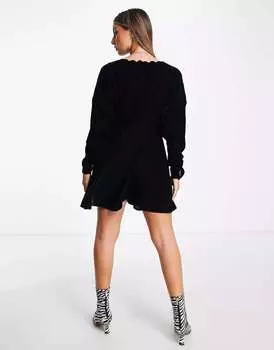 Черное бархатное мини-платье с решетчатым краем и вырезом на талии ASOS