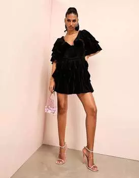 Черное бархатное мини-платье с рюшами и корсетом с рюшами ASOS LUXE
